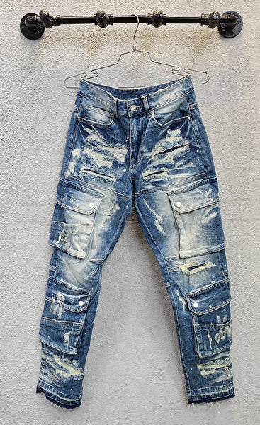 Ruiatoo Men's Big & Tall Loose Fit Cargo Jeans - Denim Work Pants With 6 Pockets, Hip Hop Style (Blue, Size 42)